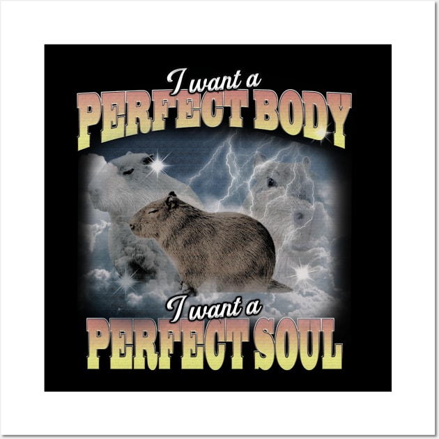 Cabybara Vintage 90s Bootleg Style Graphic T-Shirt, i want a perfect body i want a perfect soul Shirt, Funny Capybara Meme Wall Art by Y2KERA